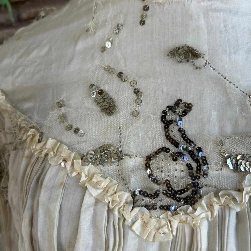Antique Victorian Ivory Dress Mesh Lace Sequins Distressed Damaged As Is - Picture 13 of 16